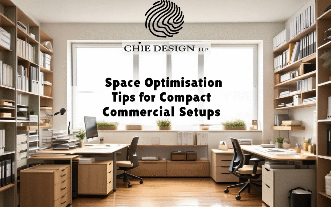 Modern compact office interior with organized storage and natural light, designed by Chie Design, top commercial interior designer in Pune.